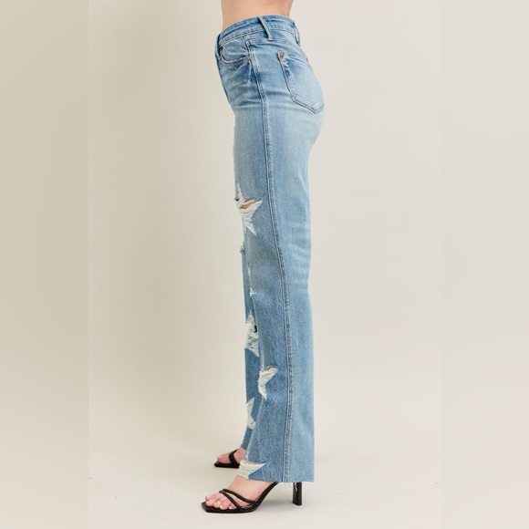 NWT Judy Blue High Waist Rigid Magic Star Destroyed 90s Straight Leg Jeans - Picture 4 of 16